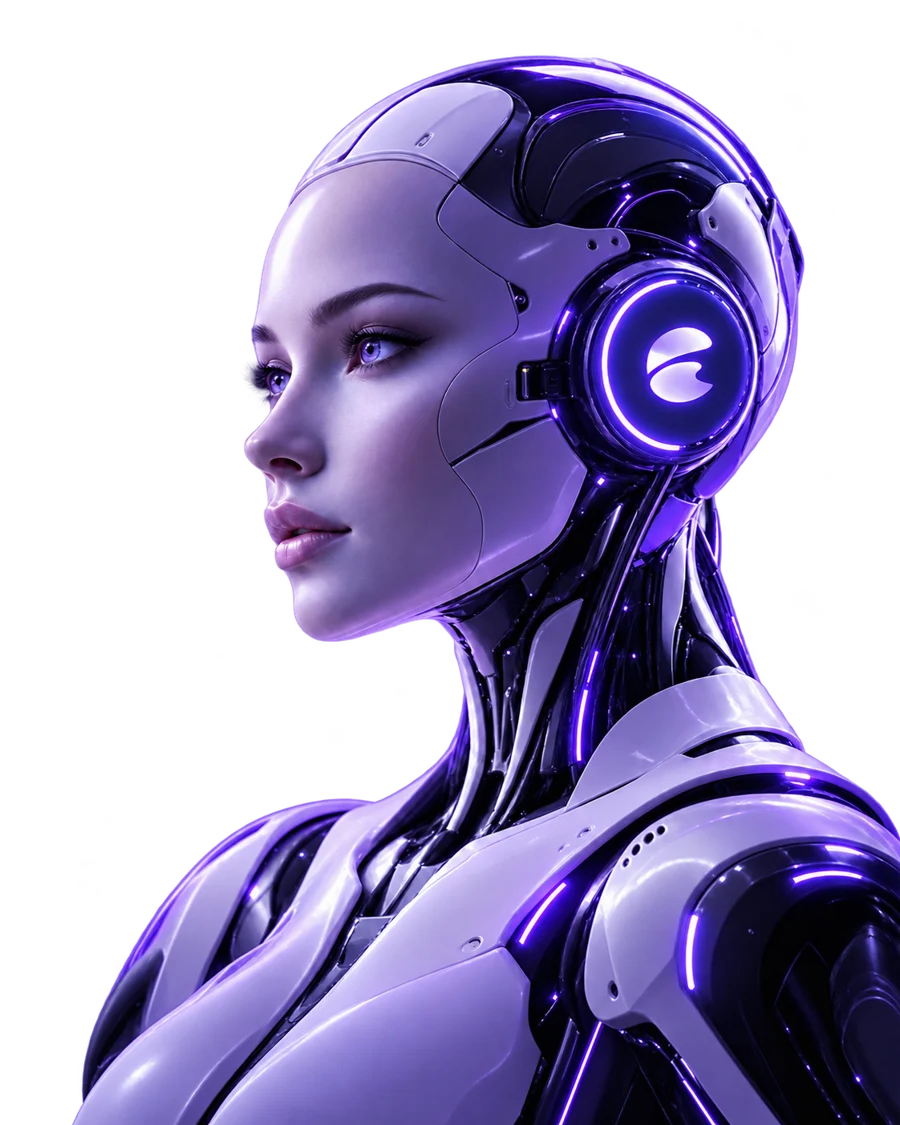 Fioletowa postać technologicznego asystenta — ilustracja planowanych funkcji AI